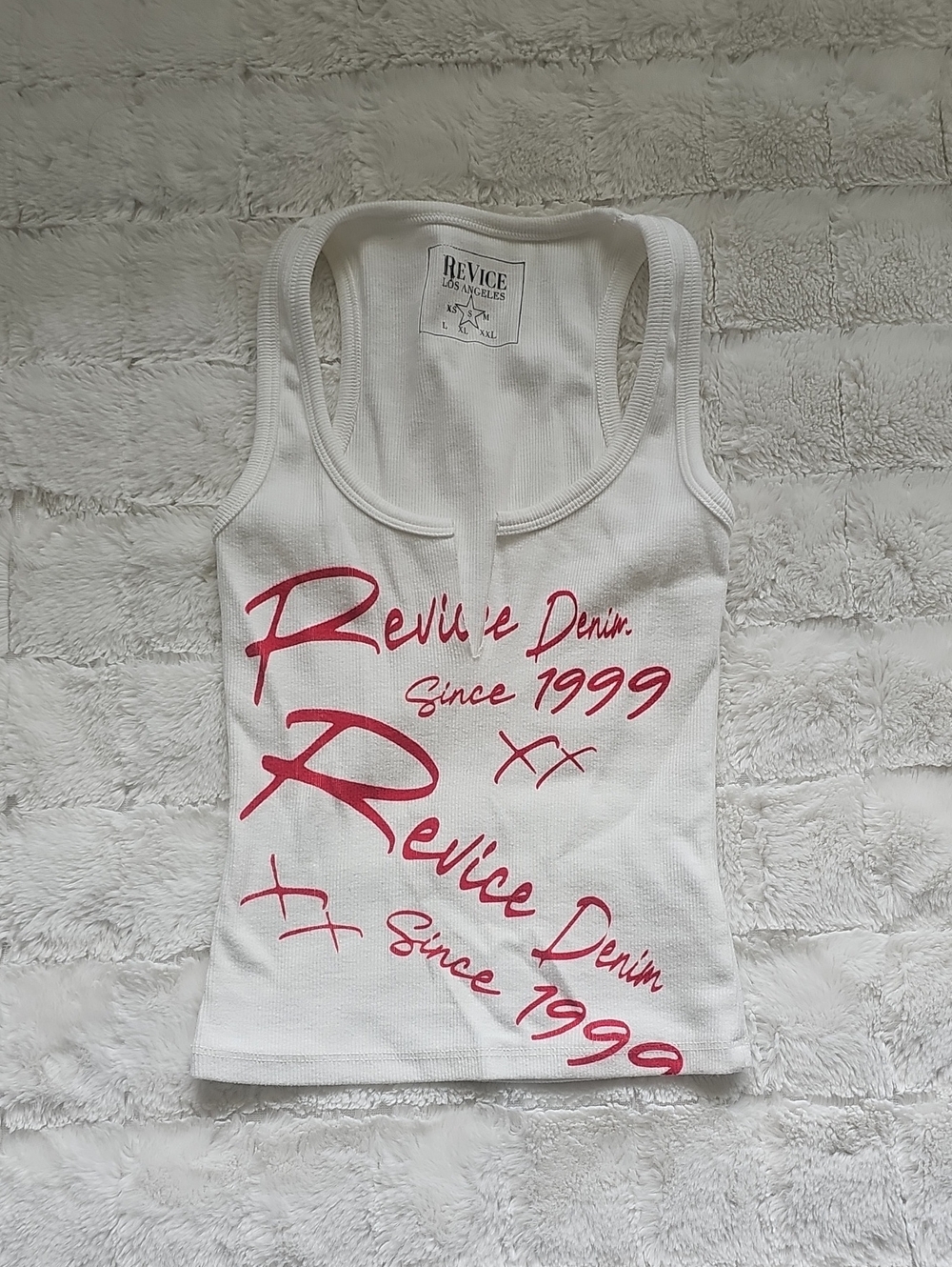 REVICE White Ribbed Tank with Pink Script Logo - Picture 2 of 4